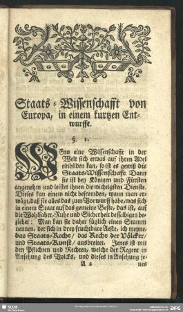 Staats-Wissenschafft von Europa, in einem kurtzen Entwurffe