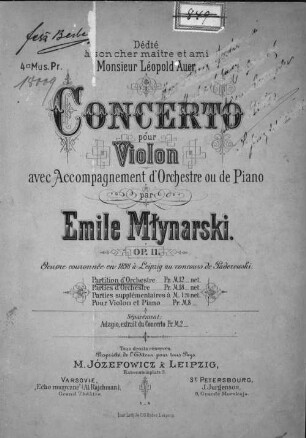 Concerto : pour violon avec accompagnement d'orchestre ou de piano ; op. 11 ; oeuvre couronnée en 1898 à Leipzig au concours de Paderewski
