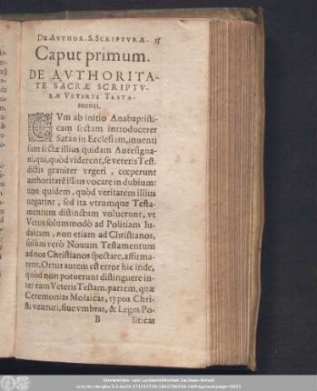 Caput primum. De Authoritate Sacrae Scripturae Veteris Testamenti.