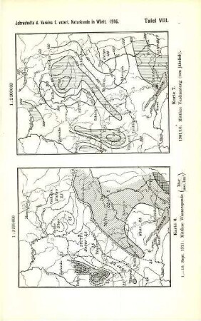 Tafel VIII: Karte 6: 1-10. September 1911: Mittlere Wasserspende. Karte 7: 1901/10: Mittlere Verdunstung