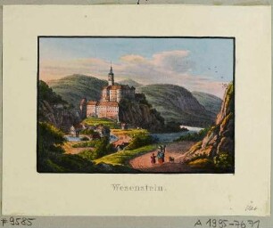Schloss Weesenstein über dem Müglitztal (Müglitztal-Weesenstein) südöstlich von Dresden, Blick vom Abendfrieden nach Süden, aus: Andenken an die Sächsische Schweiz von C. A. Richter 1820
