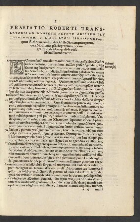 Praefatio Roberti Translatoris Ad Dominum Petrum abbatem Cluniacensem, In Libro Legis Saracenorum, quem Alchoran vocant ...