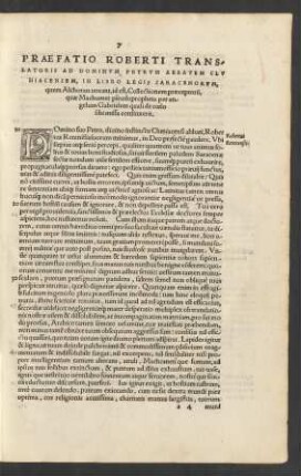 Praefatio Roberti Translatoris Ad Dominum Petrum abbatem Cluniacensem, In Libro Legis Saracenorum, quem Alchoran vocant ...
