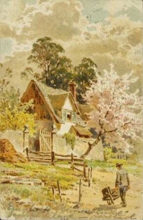 [Haus mit blühendem Kirschbaum]