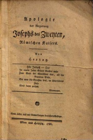Apologie der Regierung Josephs des Zweyten, Römischen Kaisers