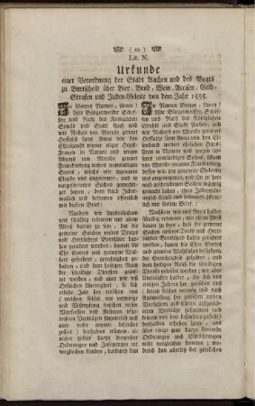 Urkunde einer Verordnung der Stadt Aachen und des Vogts zu Burtscheid über Bier, Brod, Wein, Accisen, Geldstrafen und Juden-Geleite von dem Jahr 1555