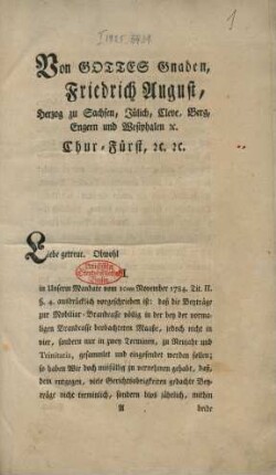 Von Gottes Gnaden, Friedrich August, Herzog zu Sachsen, Jülich, Cleve, Berg, Engern und Westphalen, ec. Chur-Fürst, ec. ec.