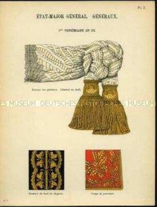 Uniformdarstellung, Detailstudien von der Generalschärpe, Hut- und Kragenverzierungen, Erste Republik Frankreich, 1803.
