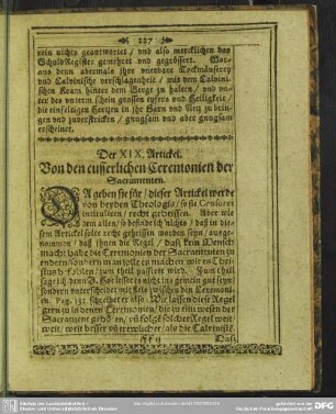 Der XIX. Artickel. Von den eusserlichen Ceremonien der Sacramenten