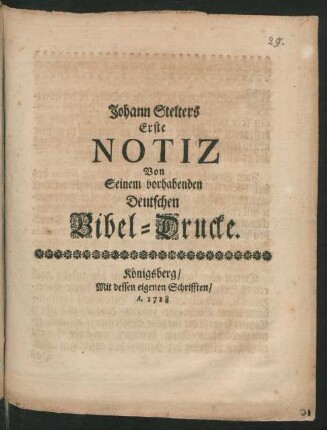 Johann Stelters Erste Notiz Von Seinem vorhabendem Deutschen Bibel-Drucke