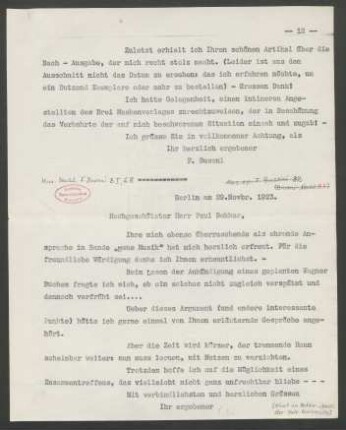 Briefabschrift an Paul Bekker : 29.11.1923