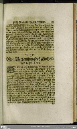 Tit. IV. Von Verkauffung des Holtzes, und dessen Taxa