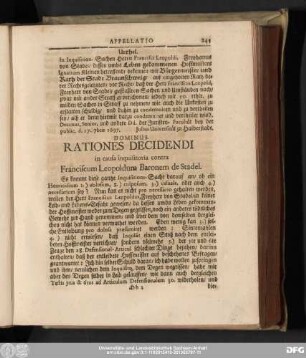 Dominus. Rationes Decidendi in causa inquisitoria contra Franciscum Leopoldum Baronem de Stadel.