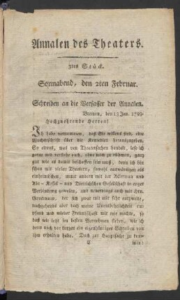 3tes Stück. Sonnabend, den 2ten Februar