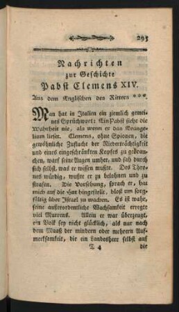 Nachrichten zur Geschichte Pabst Clemens XIV.