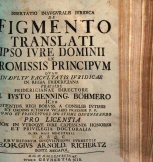 Dissertatio inauguralis iuridica de figmento translati ipso iure dominii ex promissis principum