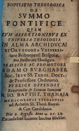 Disp. theol. de summo pontifice