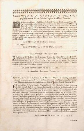 Licentia R. P. Generalis Ordinis Discalceatorum Beatae Mariae Virginis de Monte Carmelo.