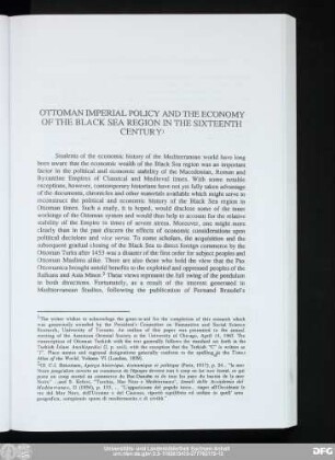 Ottoman Imperial Policy And The Economy Of The Black Sea Region In The Sixteenth Century