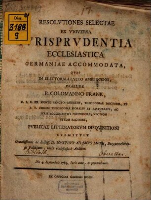 Resolutiones selectae ex universa iuris prudentia ecclesiastica Germaniae accommodata