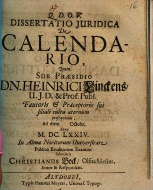 Dissertatio Iuridica De Calendario