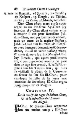 Chapitre IV. De la vie & du regne de Siüntz-Chan, & de la destruction de l'Empire des Moguls