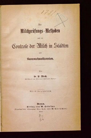 Die Milchprüfungs-Methoden und die Controle der Milch in Städten und Sammelmolkereien