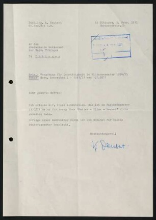 Brief an Akademisches Rektoramt (Febr. 1971)