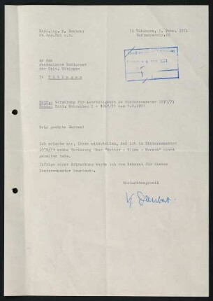 Brief an Akademisches Rektoramt (Febr. 1971)