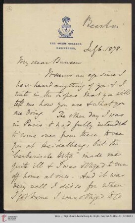 Briefe von Henry E. Roscoe an Robert Wilhelm Bunsen: Brief von Henry E. Roscoe an Robert Wilhelm Bunsen