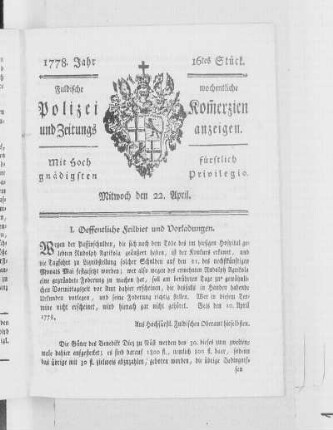 16tes Stück., Ausgabe vom 22. April 1778
