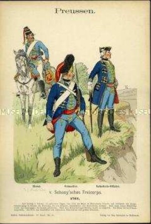 Uniformdarstellung, Dragoner, Infanterist und Infanterie-Offizier des Frei-Korps "von Gschray", Königreich Preußen, 1761.