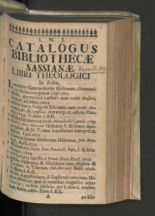 Catalogus Bibliothecæ Sassianæ : Libri theologici