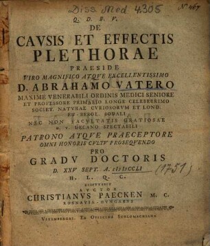 De Cavsis Et Effectis Plethorae