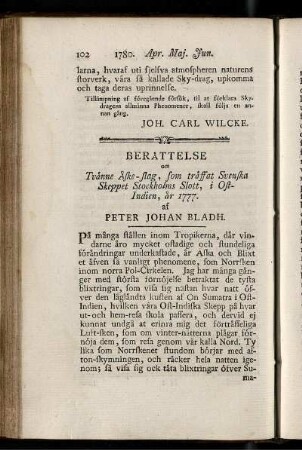 Berättelse om Tvänne Åske-slag, som träffat Svenska Skeppet Stockholms Slott, i Ost-Indien, år 1777.