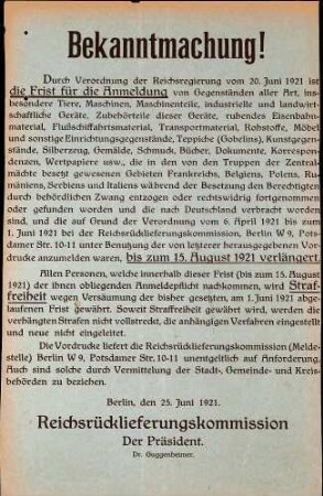Anmeldung der von den Zentralmächten in besetzten Gebieten geraubten Gegenstände (Reichsrücklieferungskommission)