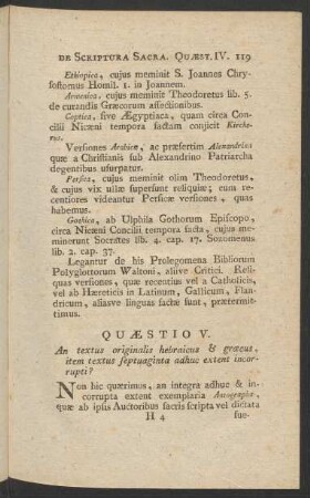Quaestio V. An textus originalis hebraicus & graecus, item textus septuaginta adhuc extent incorrupti?