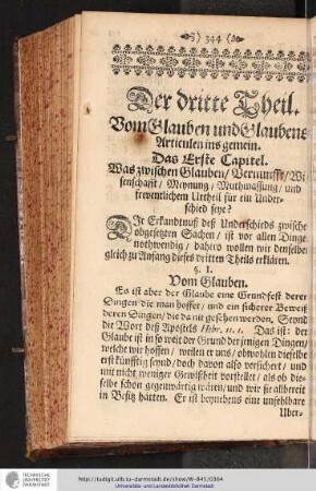 Der dritte Theil. Vom Glauben und Glaubens Articulen ins gemein.