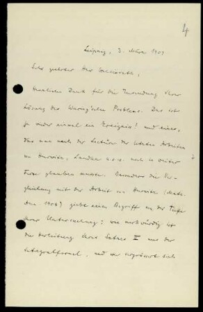 Nr. 4: Brief von Felix Hausdorff an David Hilbert, Leipzig, 3.3.1909