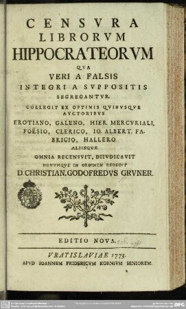 Censura Librorum Hippocrateorum Qua Veri A Falsis Integri A Suppositis Segregantur