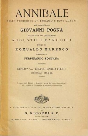 Annibale : ballo storico in un prologo e nove quadri ; Genova, Teatro Carlo Felice, carnevale 1889 - 90