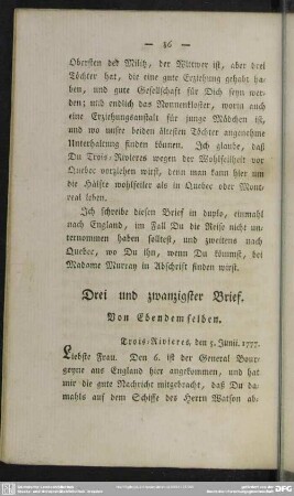 Drei und zwanzigster Brief. Von Ebendemselben : Trois-Rivieres, den 5. Junii. 1777