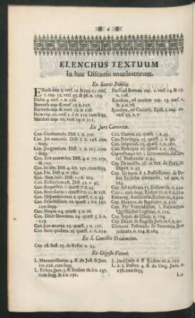 Elenchus Textuum In hoc Discursu enucleatorum.