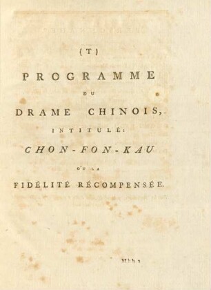 Programme du drame Chinoise, Intitulé: Chon-Fon-Kau óu la Fidélité Récompensée