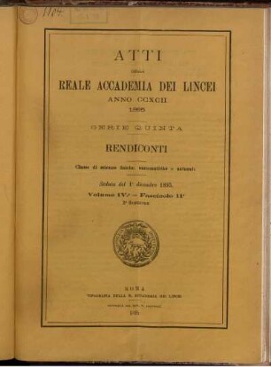 Seduta del 1 dicembre 1895. Volume IV. - Fascicolo 11.