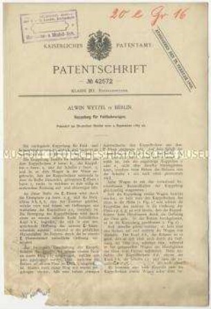 Patentschrift einer Kupplung für Feldbahnwagen, Patent-Nr. 42572