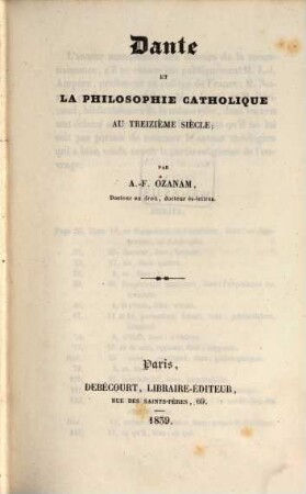 Dante et la philosophie catholique au treizième siècle
