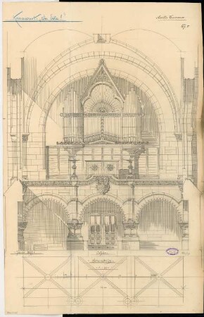 Orgelprospekt für eine evangelische Kirche Monatskonkurrenz Januar 1897: Aufriss Vorderansicht (1:20)