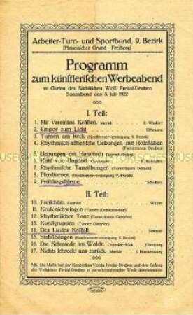 Turn- und Musikprogramm für Werbeabend des Arbeiter-Turn- und Sportbundes 9. Bezirk, Plauenscher Grund, Freiberg