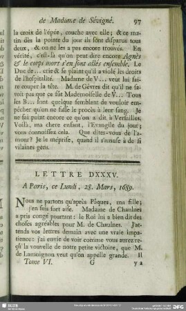 Lettre DXXXV. A Paris, ce Lundi, 28. Mars, 1689